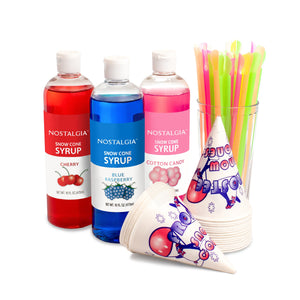 Premium 16-Ounce Snow Cone Syrups, Cups and Spoon-Straws Party Kit